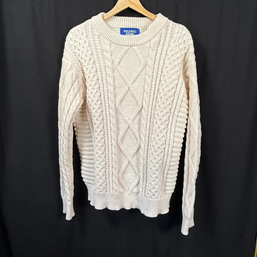 Aelfric Eden Retro 90s Cable Knit Sweater Unisex Size L Ivory Cream Chunky Baggy